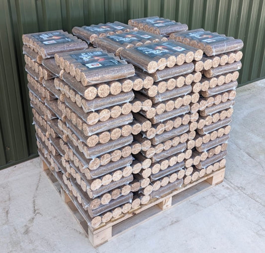 105 packs of Lava Log wood briquettes on a pallet