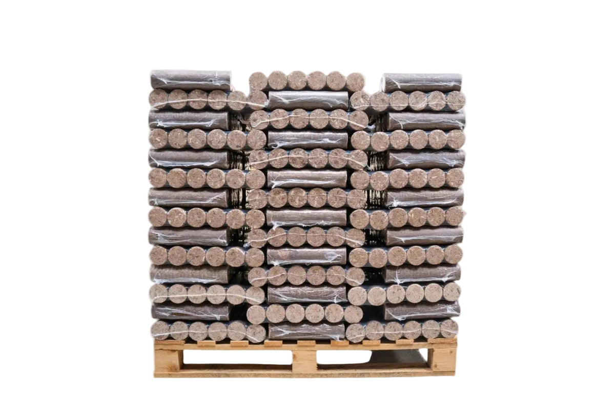 A wooden pallet stacked with many bundled cylindrical products wrapped in clear plastic, photographed against a plain white background.