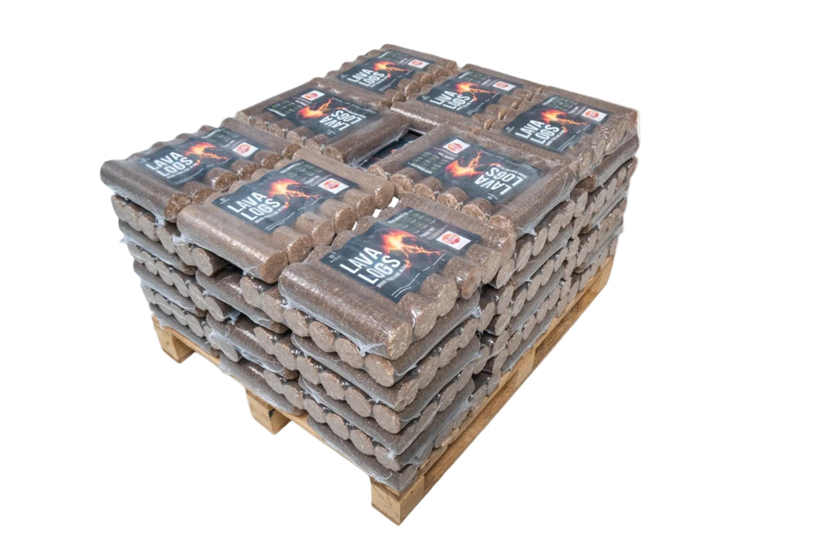 A stacked pallet of packaged firewood logs on a white background. The logs are wrapped in clear plastic with black labels that read 'LARGE LOGS' and show a red and orange flame graphic.