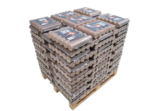A large stacked pallet of packaged firewood logs on a white background.