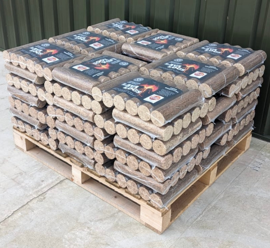 53 packs of Lava Log wood briquettes on a pallet